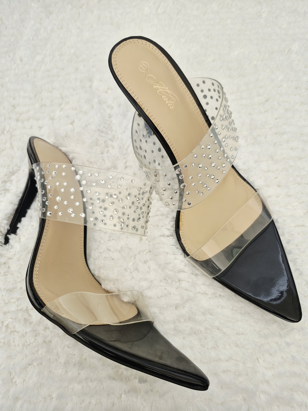 Clear Rhinestone Strap Black Pointed-Toe Heels